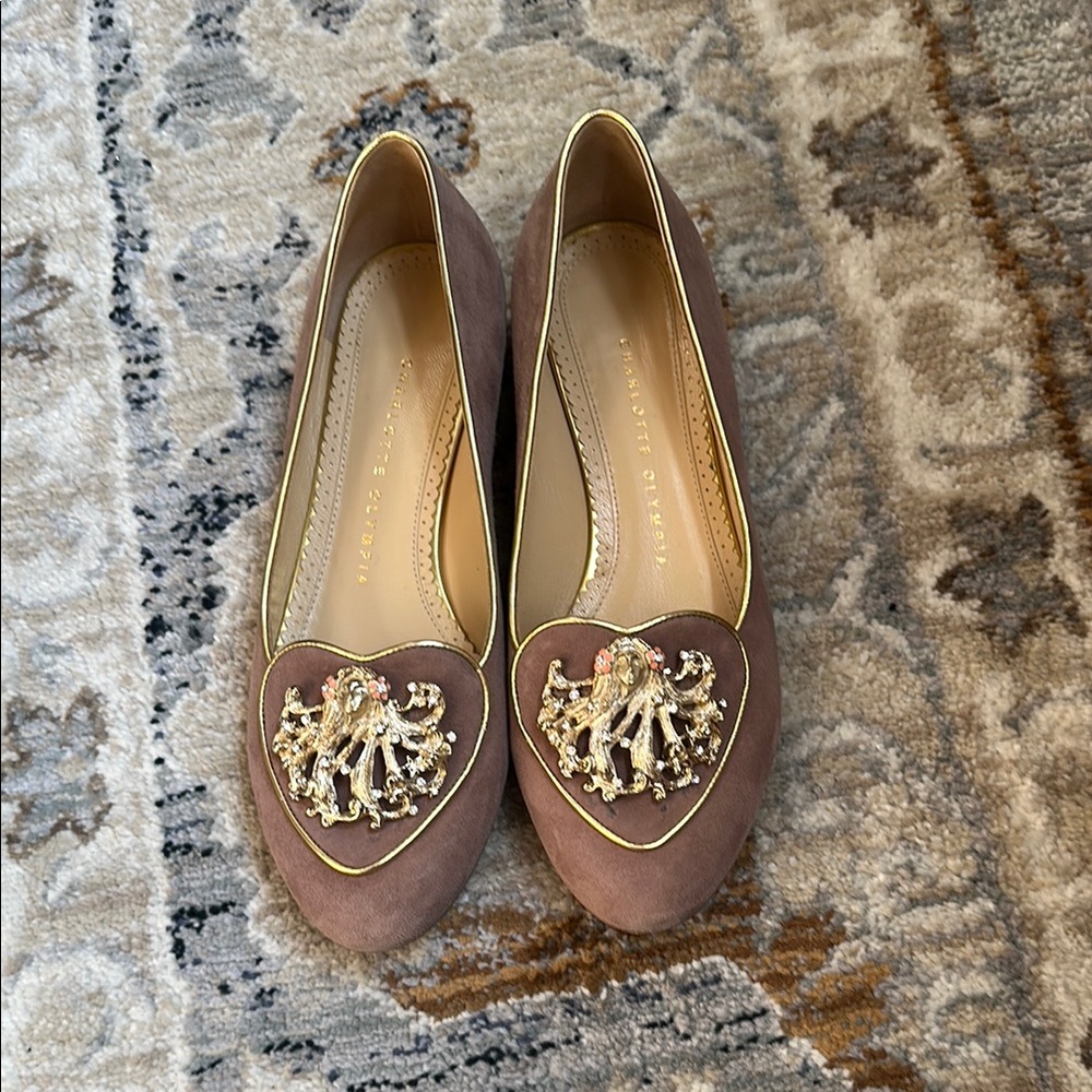 Charlotte Olympia Brown Suede Flats with Gold Embellishment